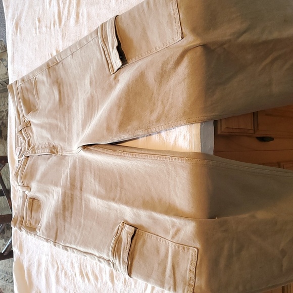 Risen Jeans Cargo Tan High Rise Wide Leg Sz 15 W32 Pants w Trendy Hem Hack - Picture 1 of 14